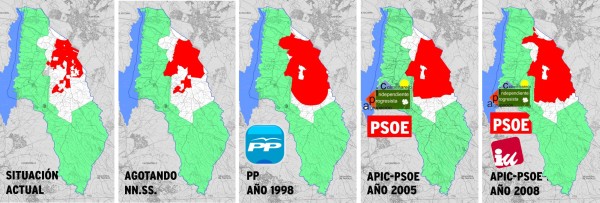 Gráfico En rojo, suelo urbanizado más urbanizable. En trama verde claro suelo protegido del Parque Regional