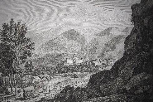 El Escorial desde el Camino Real de Madrid (grabado al cobre)